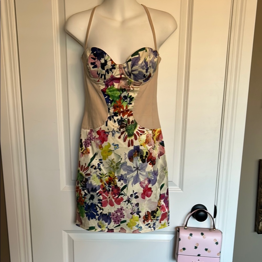 Miss Sixty Cream and Purple Halter Bodycon Mini Dress